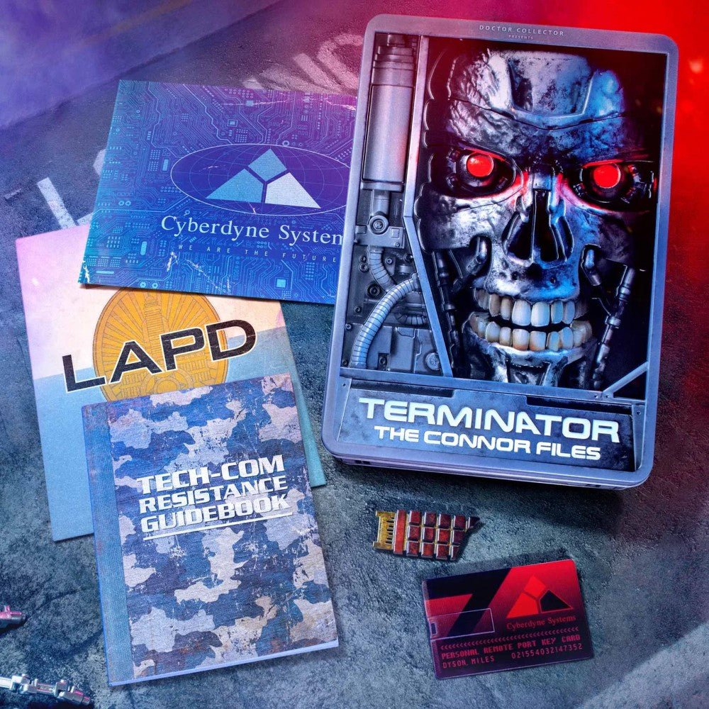Collector box set featuring Terminator endoskeleton, Cyberdyne Systems card, LAPD files, and resistance guidebook by Doctor Collector