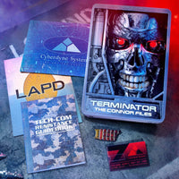 Collector box set featuring Terminator endoskeleton, Cyberdyne Systems card, LAPD files, and resistance guidebook by Doctor Collector