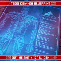 Detailed blueprint of Terminator T800 endoskeleton with Cyberdyne Systems info by Doctor Collector