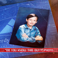 Vintage style photograph of a young boy with crossed arms on a Cyberdyne Systems circuit board by Doctor Collector