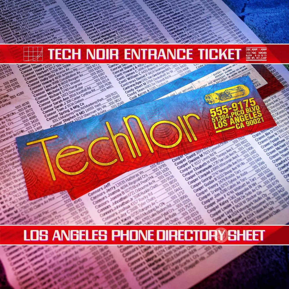 Doctor Collector Terminator Tech Noir entrance ticket replica over vintage Los Angeles phone directory page background