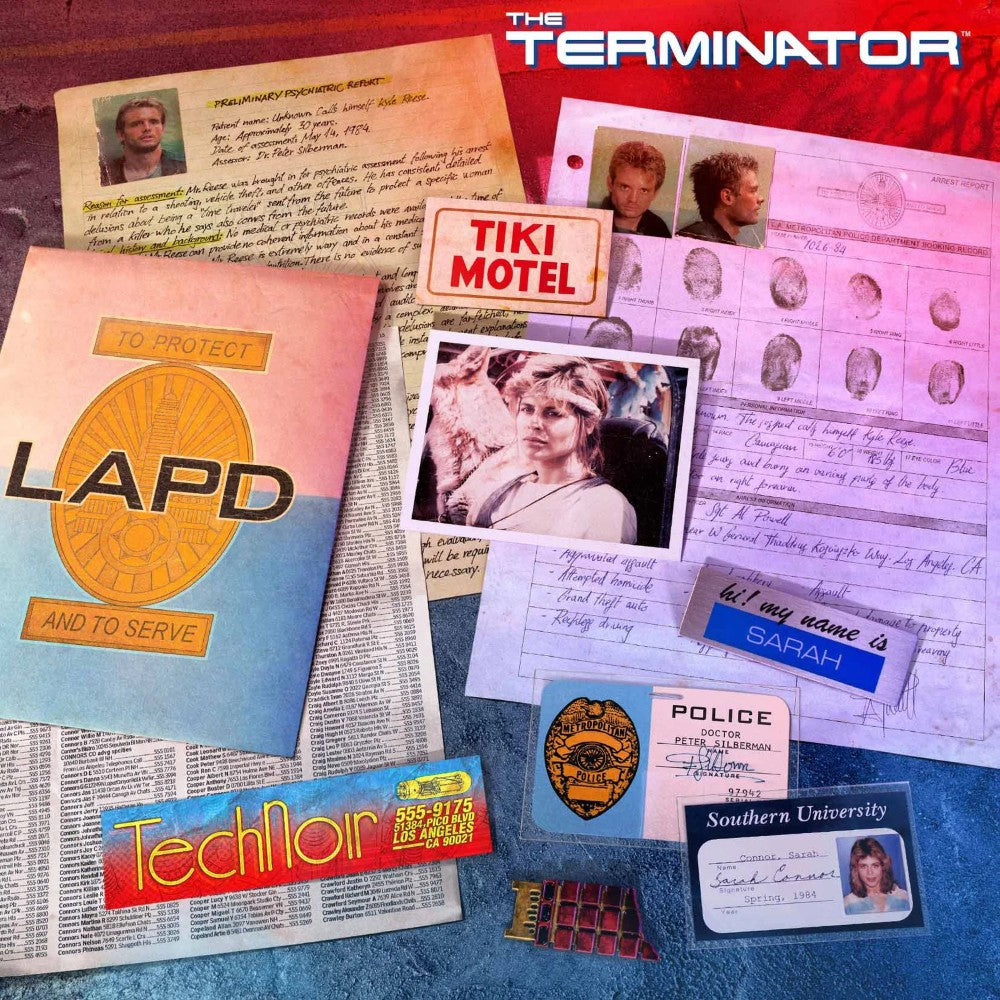 Collection of fictional police files, ID cards, and memorabilia from Doctor Collector’s Terminator Connor Files set