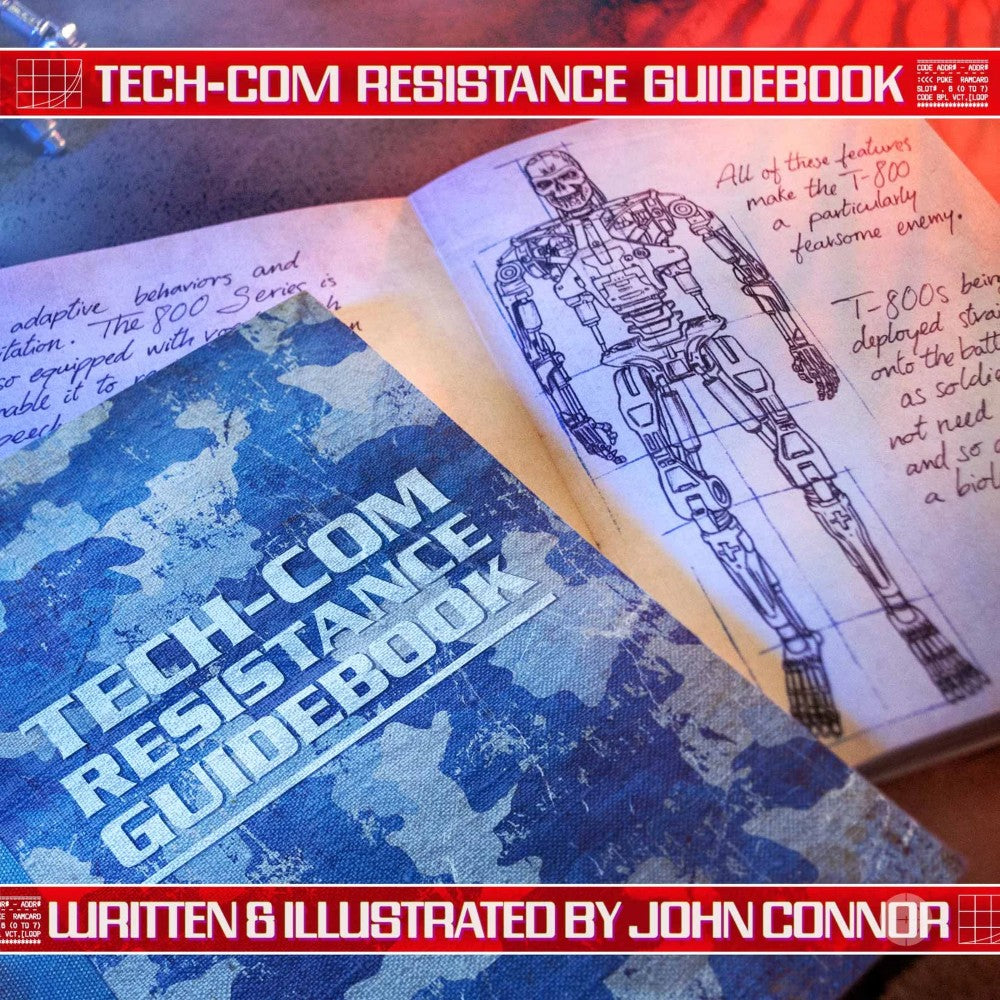 Open Tech-Com Resistance Guidebook with sketched Terminator endoskeleton and handwritten notes by Doctor Collector