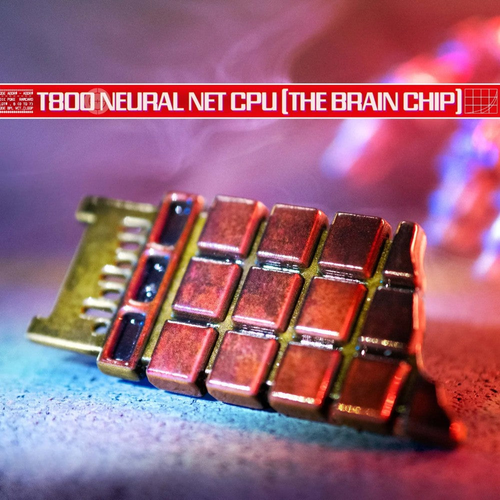 Close-up of T800 Neural Net CPU replica known as The Brain Chip from Doctor Collector’s Terminator Connor Files set