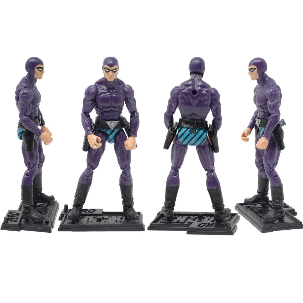 Four action figures in purple and black costumes on a white background