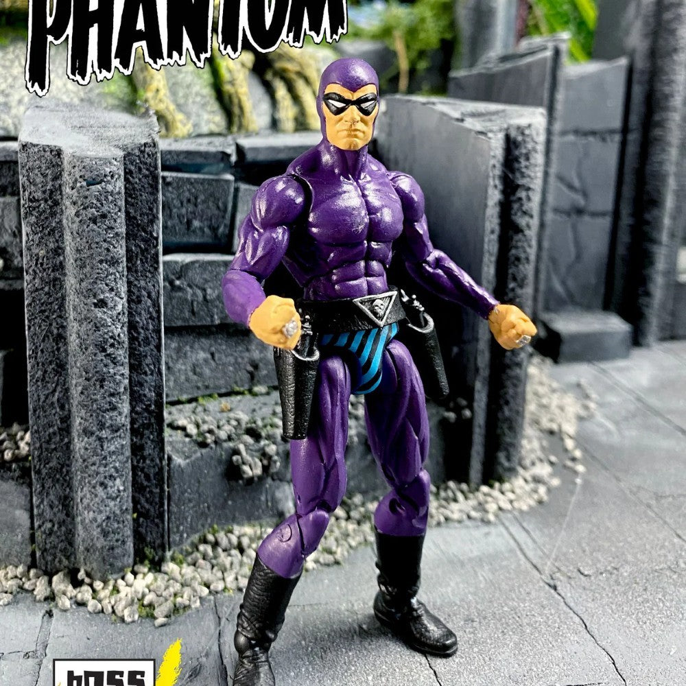 Superhero action figure in purple costume standing on a stone path with 'PHANTOM' text above.