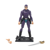 Action figure in a purple costume with accessories on a white background
