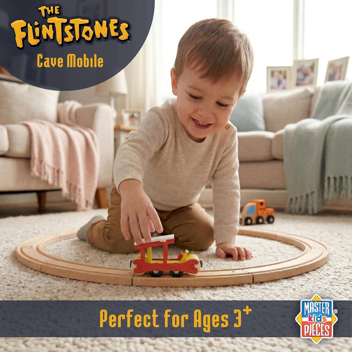 Flintstones Cave Mobile Wooden Train Engine - Classic Bedrock Adventure Toy by Master Pieces with boy playing on carpet