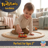 Flintstones Cave Mobile Wooden Train Engine - Classic Bedrock Adventure Toy by Master Pieces with boy playing on carpet