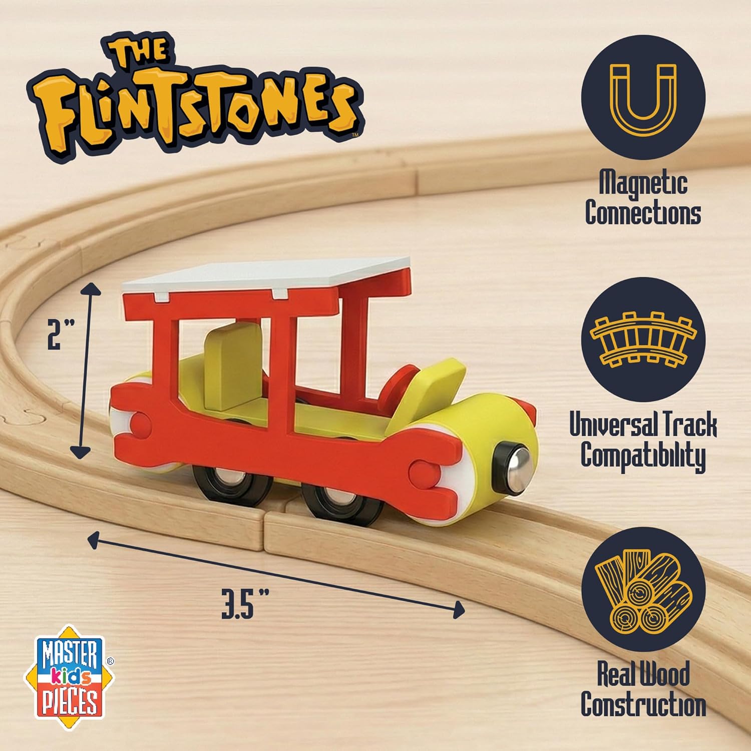 Flintstones Cave Mobile Wooden Train Engine - Classic Bedrock Adventure Toy by Master Pieces with magnetic connectors on wooden track