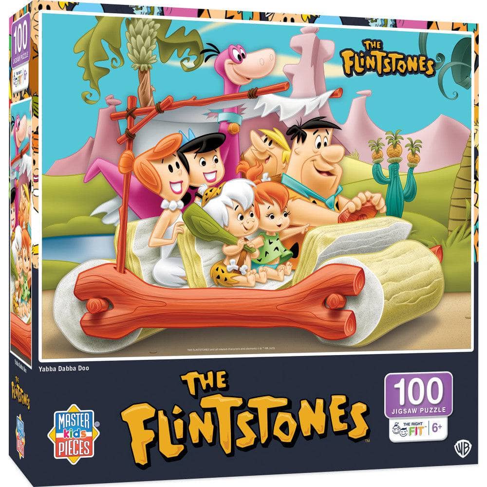 Master Pieces The Flintstones 100 piece jigsaw puzzle featuring Fred and family in their car with Dino on box front
