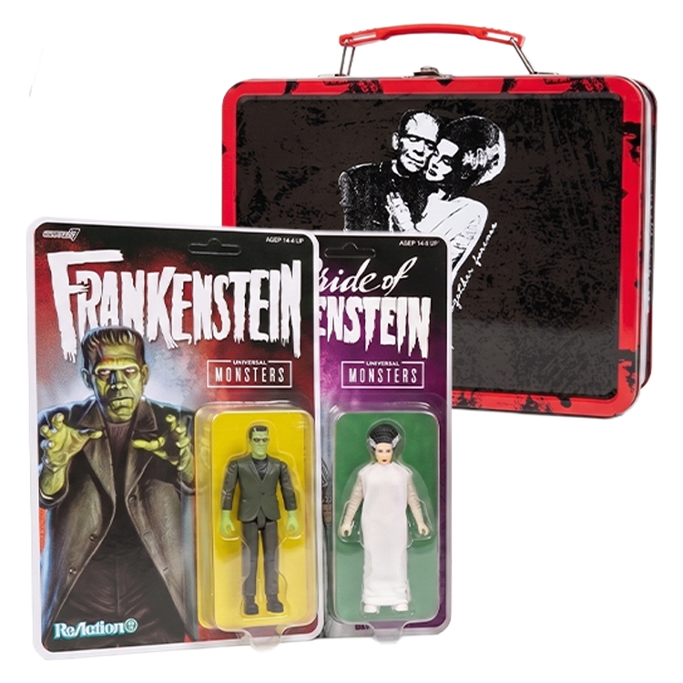Frankenstein and Bride Universal Monsters ReAction Figure Set with Tin Tote Super7 Factory Entertainment