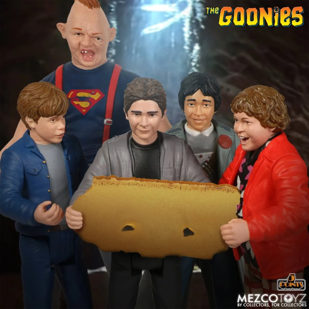 Mikey from The Goonies 1:18 Scale 3.75" 5 Points Retro Action Figure by Mezco with Goonies group scene background