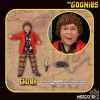 The Goonies Set of 5 1:18 Scale 3.75" 5 Points Retro Action Figure by Mezco featuring Chunk with dagger and removable hat.