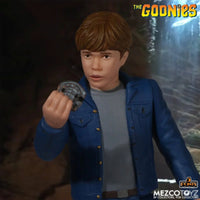 Mikey from The Goonies 1:18 Scale 3.75" 5 Points Retro Action Figure by Mezco in detailed pose holding an artifact.