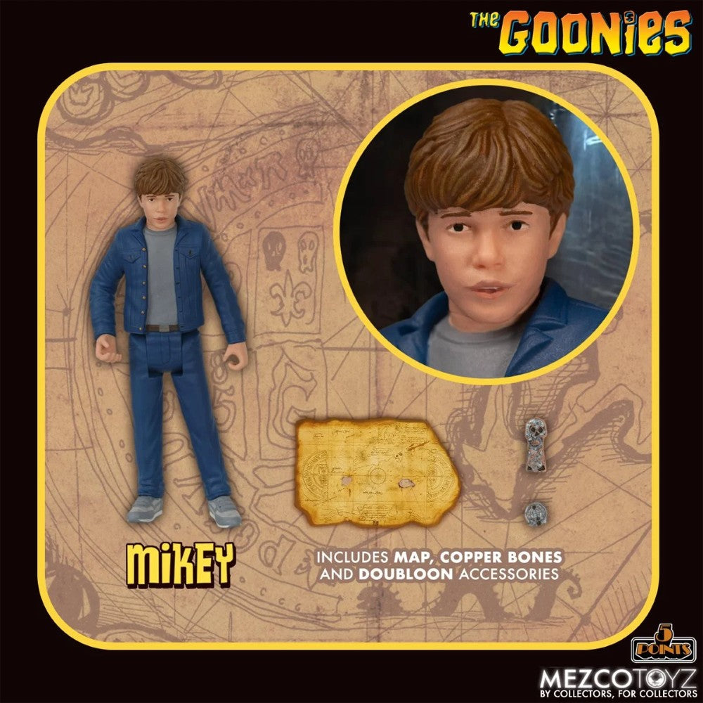 Mikey from The Goonies 1:18 Scale 3.75" 5 Points Retro Action Figure by Mezco with map and accessories.