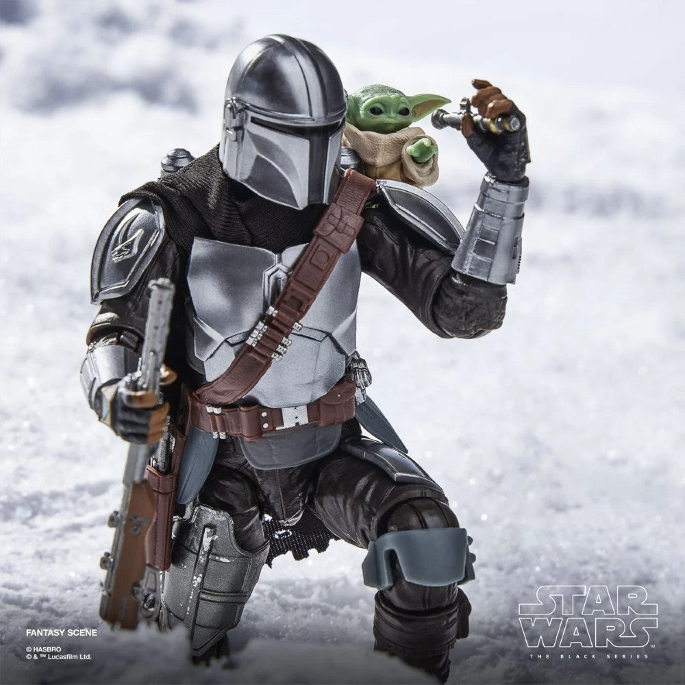 The Mandalorian & Grogu Deluxe Star Wars The Black Series 6-Inch Action Figure in armor with Grogu on snowy terrain new in box