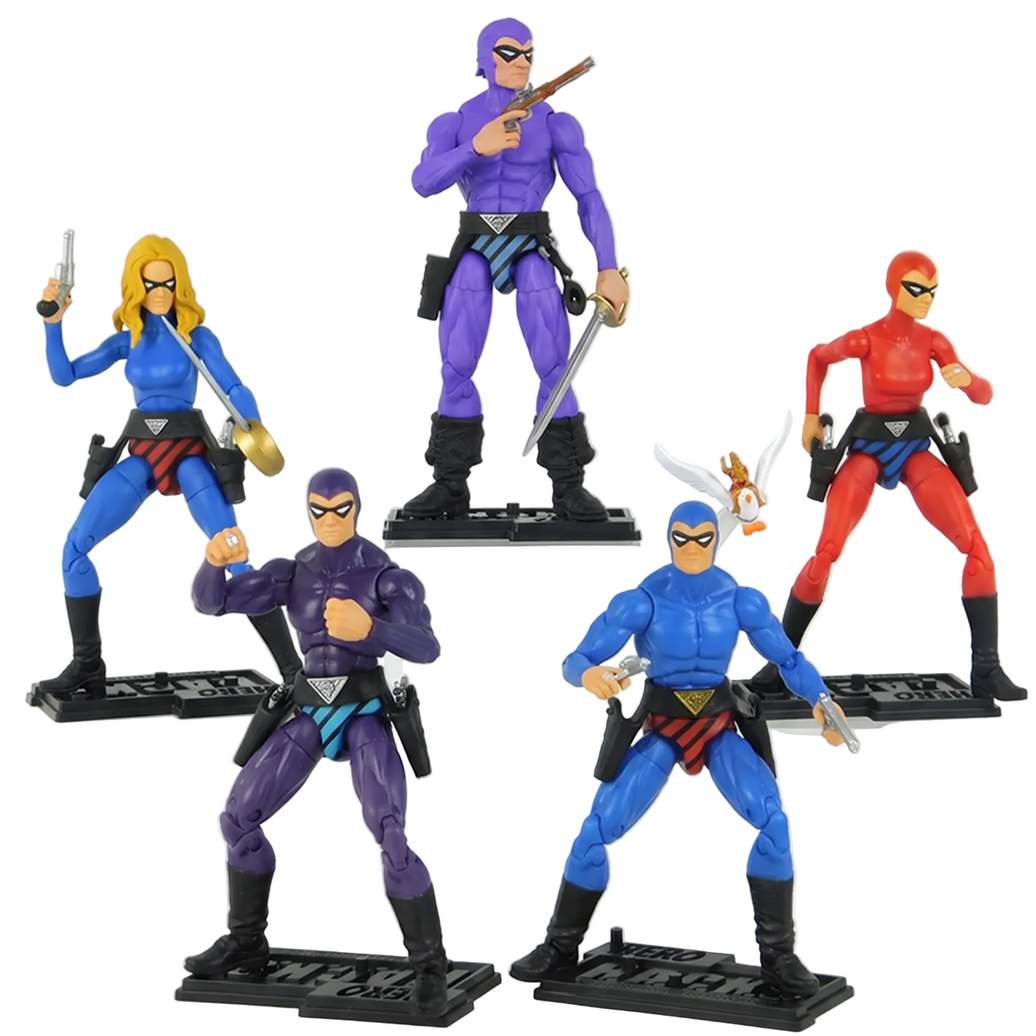 The Phantom Hero H.A.C.K.S. 5 PACK BUNDLE Phantom Series Action Figure set by Boss Fight Studio Llc displayed with weapons