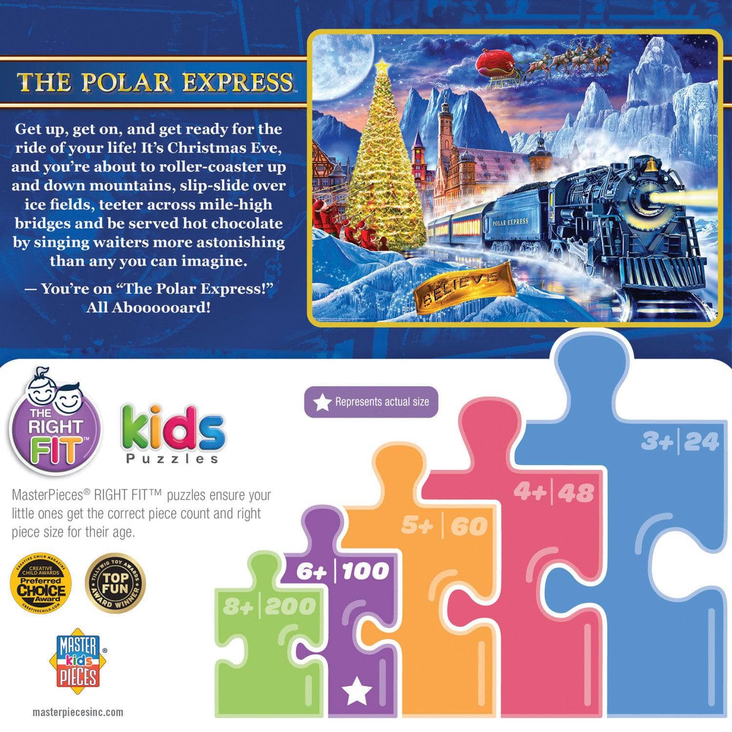 The Polar Express 100 piece Christmas jigsaw puzzle by Master Pieces in colorful packaging with puzzle piece size guide
