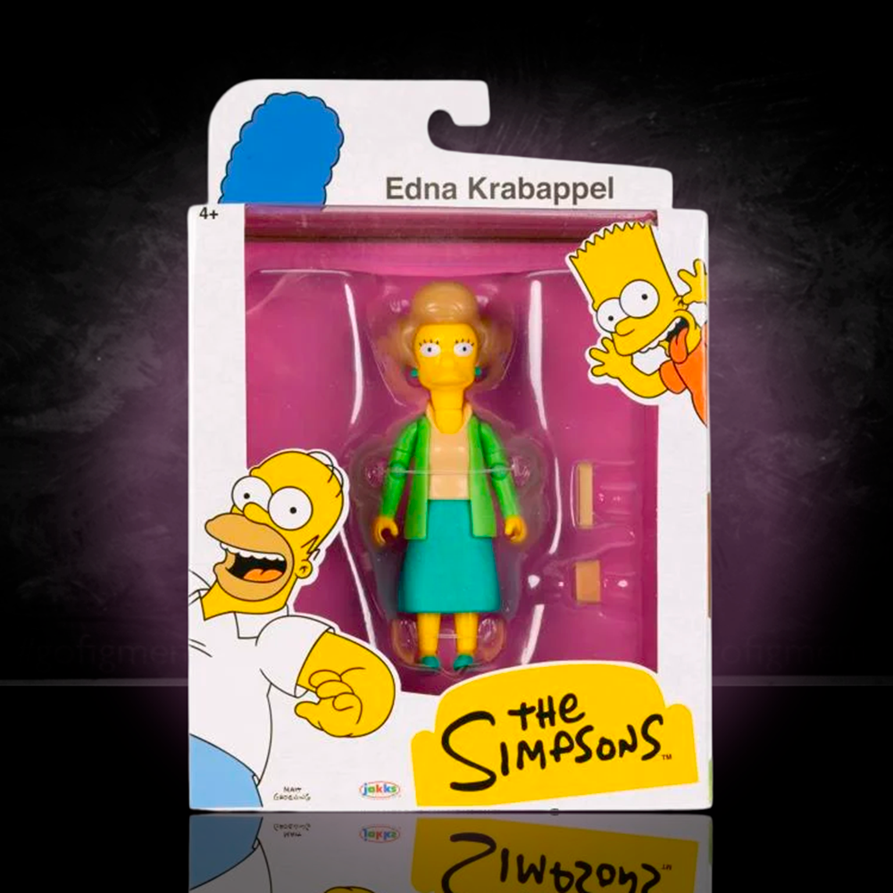 Jakks Pacific 5-inch The Simpsons Edna Krabappel action figure in packaging with Homer and Bart illustrations