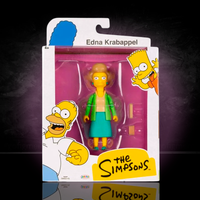 Jakks Pacific 5-inch The Simpsons Edna Krabappel action figure in packaging with Homer and Bart illustrations