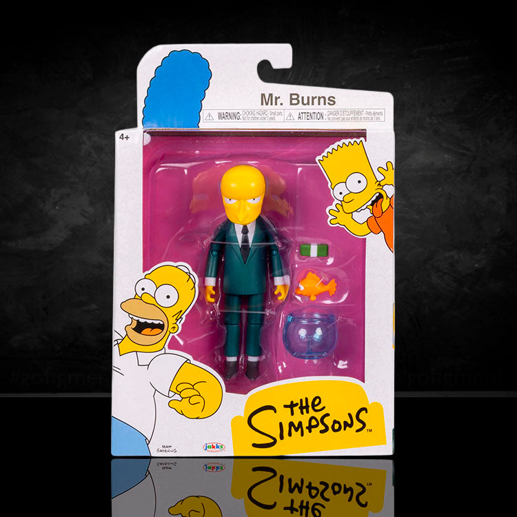 Jakks Pacific The Simpsons Mr. Burns 5-inch action figure in packaging with accessories on black background