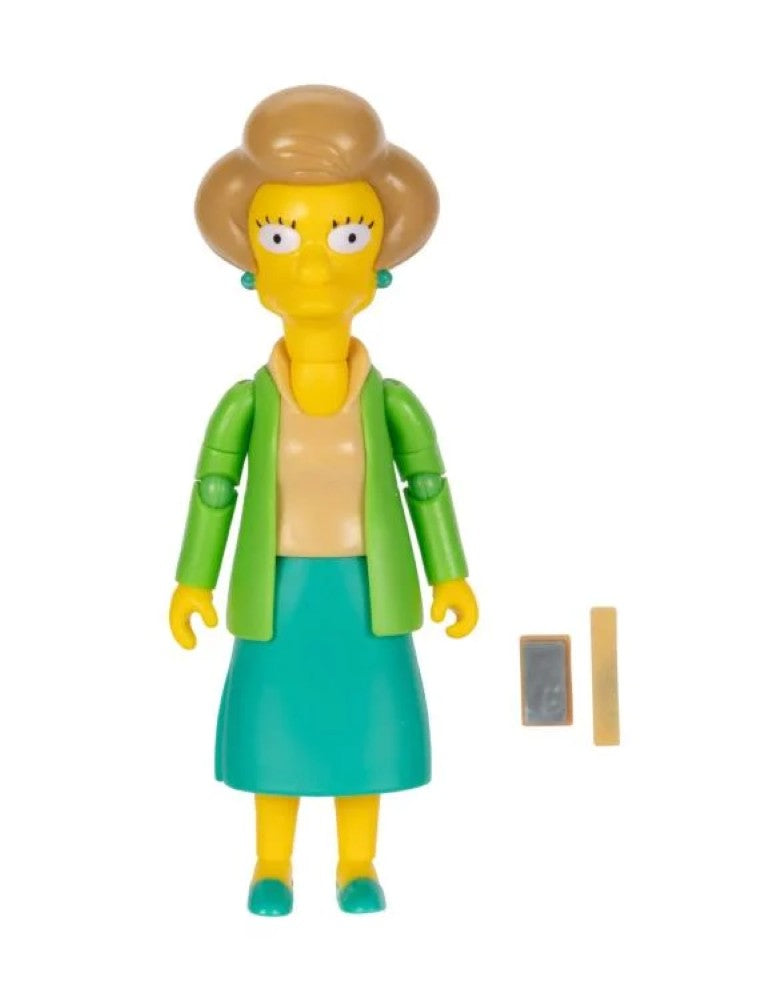 The Simpsons Edna Krabappel 5-inch action figure by Jakks Pacific with chalkboard and chalk accessories on white background