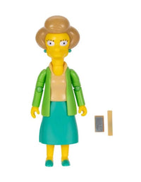 The Simpsons Edna Krabappel 5-inch action figure by Jakks Pacific with chalkboard and chalk accessories on white background