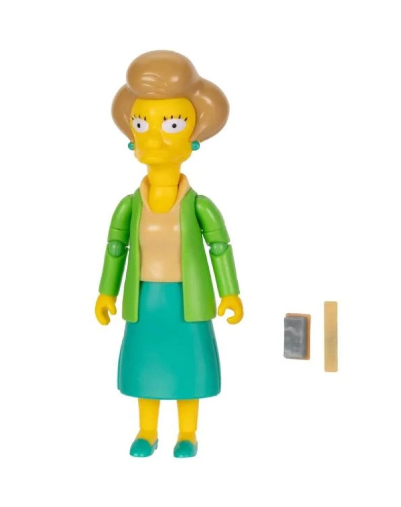 Jakks Pacific The Simpsons 5-inch Edna Krabappel action figure with chalk and eraser accessories on white background