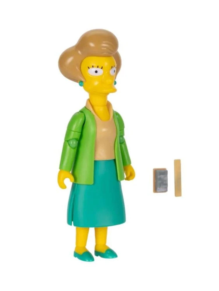 Jakks Pacific The Simpsons Edna Krabappel 5-inch action figure with chalkboard and chalk accessories on white background