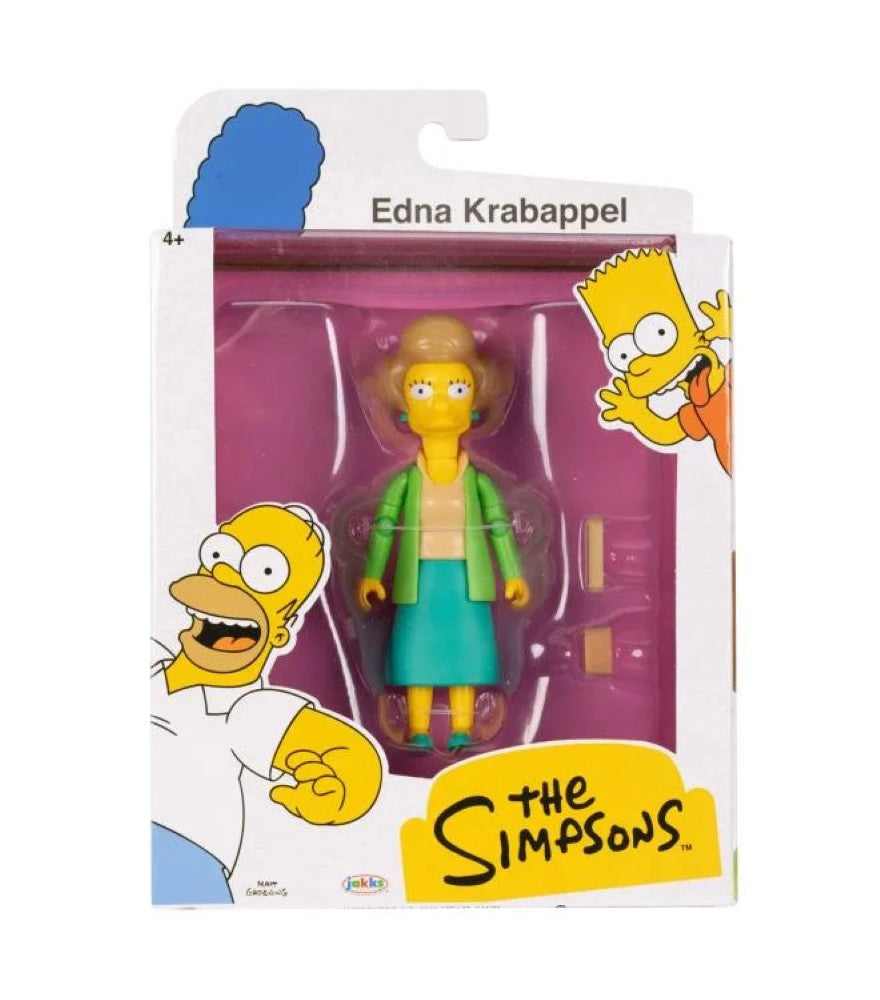 The Simpsons Edna Krabappel 5-inch action figure in green jacket and teal skirt in Jakks Pacific packaging