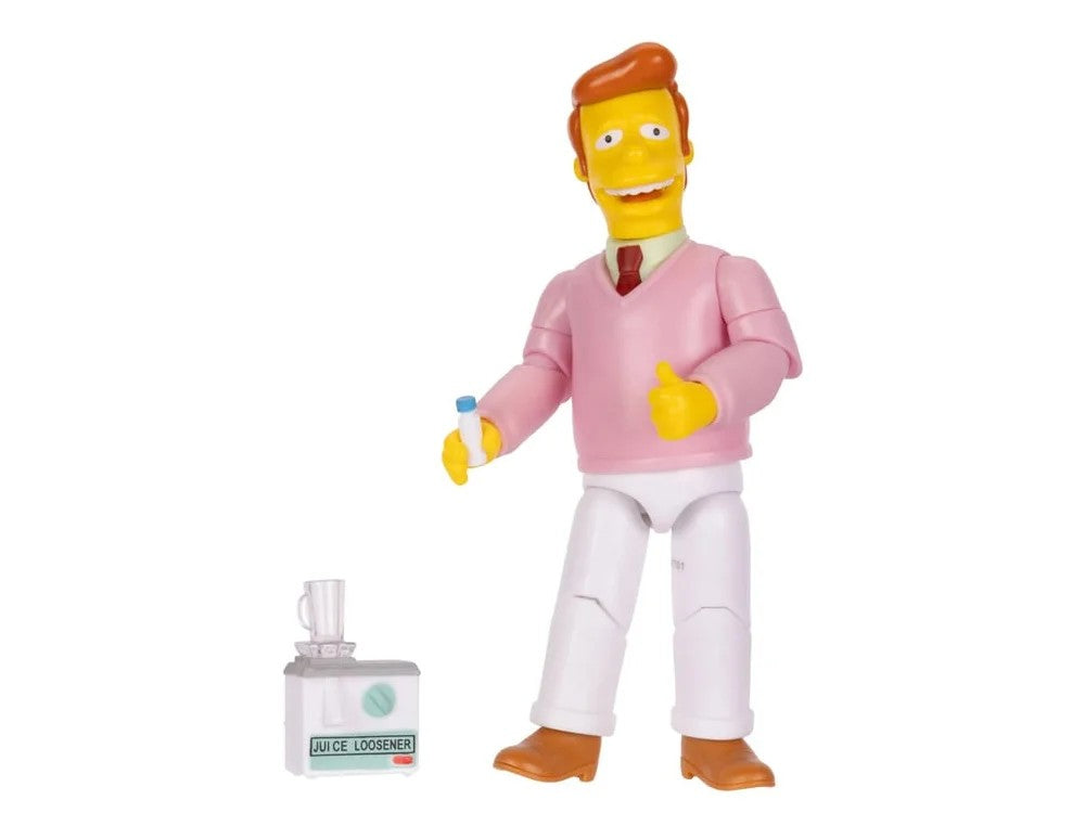 5-inch Jakks Pacific The Simpsons Troy McClure action figure in pink sweater holding bottle with Juice Loosener accessory