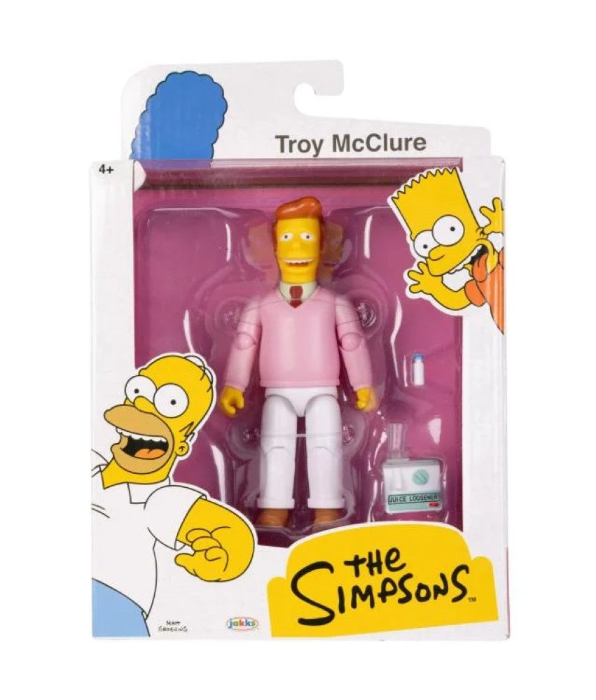 The Simpsons Troy McClure 5-inch action figure in pink sweater by Jakks Pacific in branded packaging