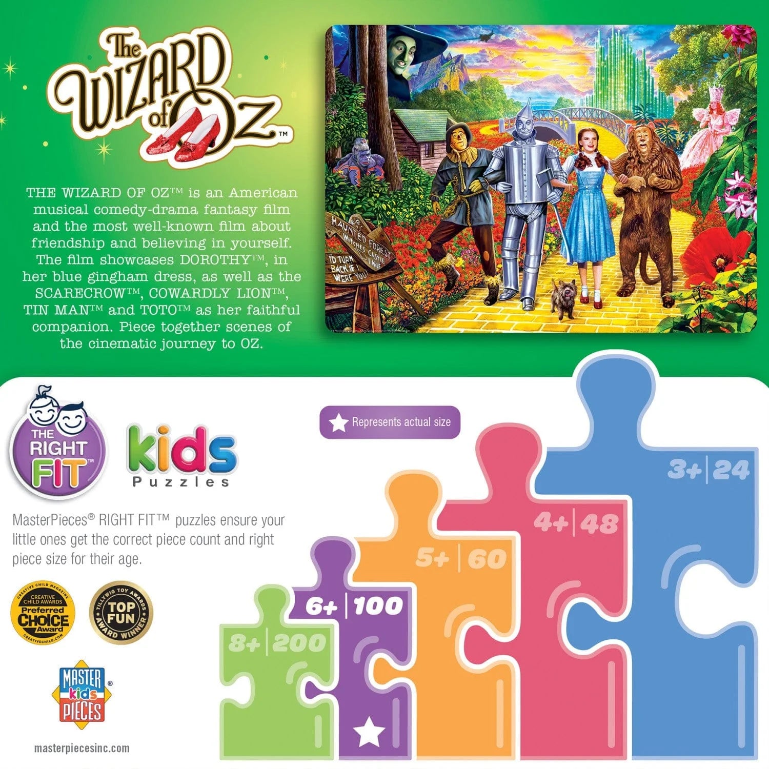 The Wizard of Oz 100 piece Follow the Yellow Brick Road jigsaw puzzle by Master Pieces packaging with characters artwork