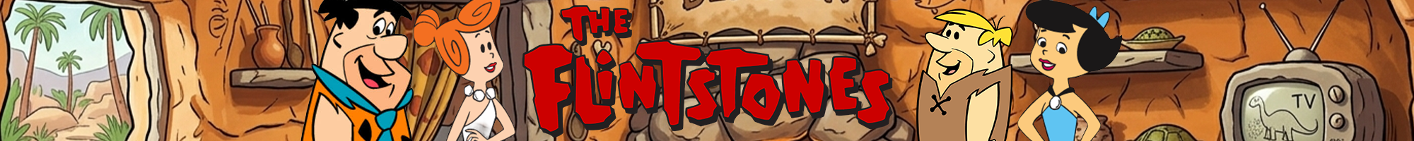 The Flintstones cartoon characters gathered inside a prehistoric stone house with cave art and a stone TV set.