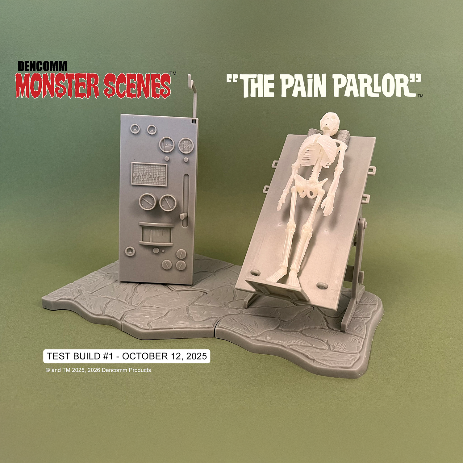 DENCOMM Monster Scenes The Pain Parlor Limited Edition Model Kit - 55th Anniversary featuring a skeleton on a chair and control panel.