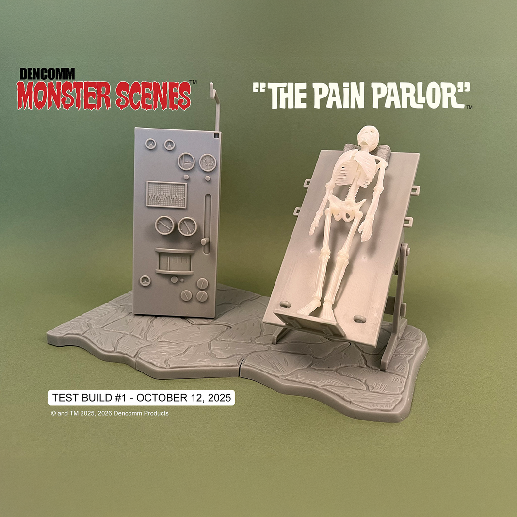 DENCOMM Monster Scenes The Pain Parlor Limited Edition Model Kit - 55th Anniversary featuring a skeleton on a chair and control panel.