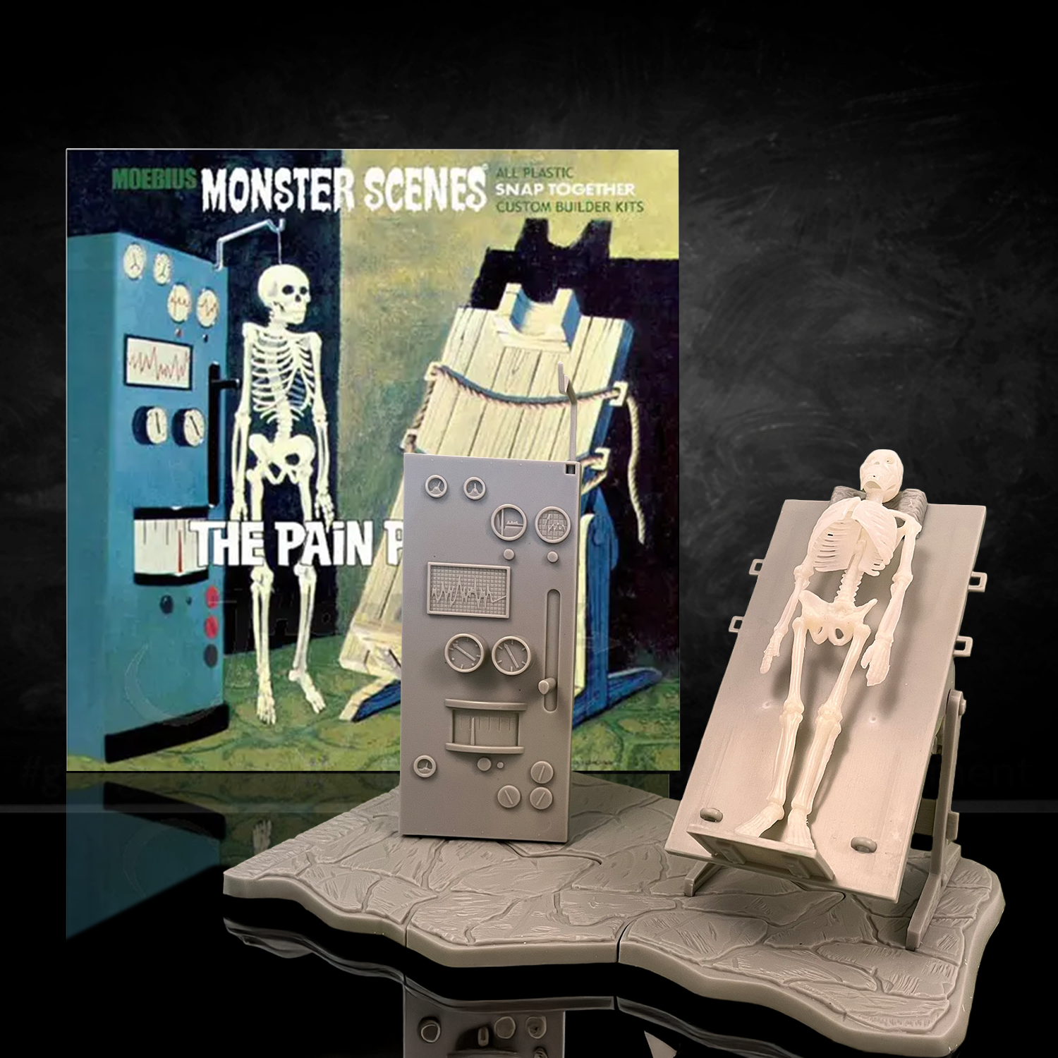 DENCOMM Monster Scenes The Pain Parlor Limited Edition Model Kit - 55th Anniversary by Monster Scenes featuring a skeleton and torture setup