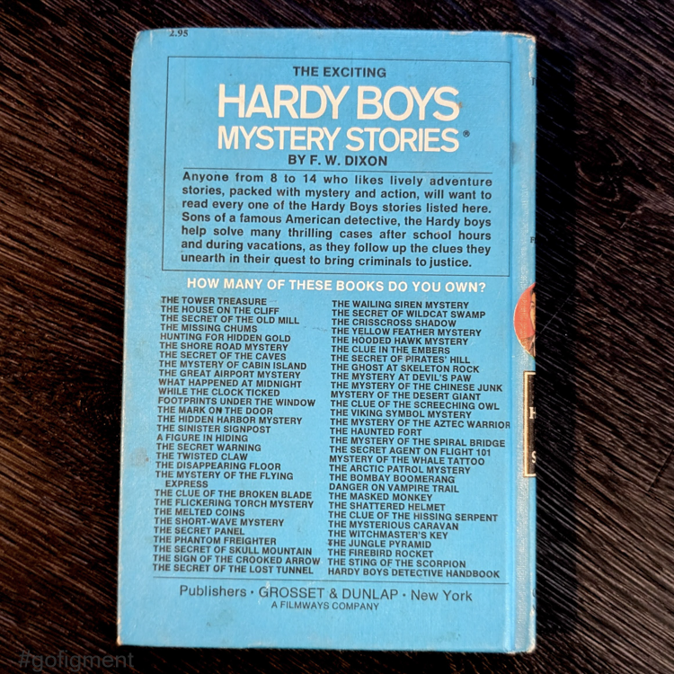 Vintage 1959 Hardy Boys Mystery Stories book back cover listing titles by Grosset & Dunlap New York publisher