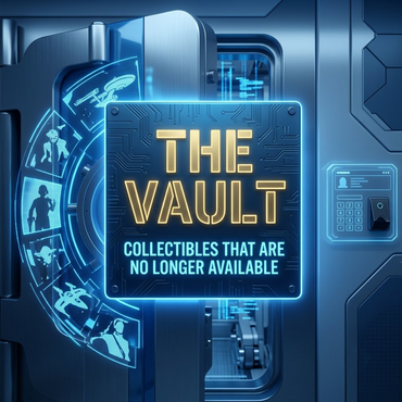 Futuristic vault door slightly open with glowing blue holographic interface and the words "The Vault" illuminated in yellow.