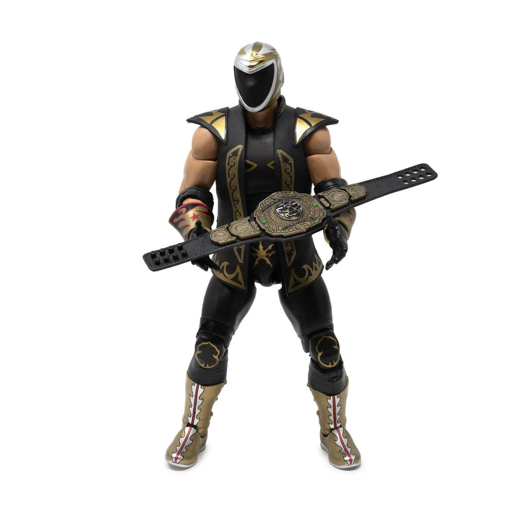Tinieblas Jr Legends of Lucha Libre Premium 1:12 Scale 6" Action Figure new in box with black and gold costume holding championship belt by Boss Fight Studio Llc