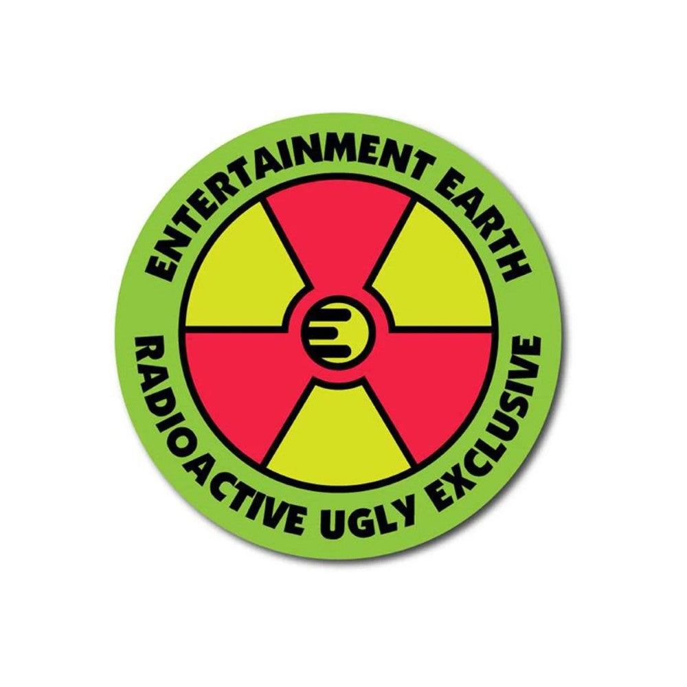 Circular logo with red and yellow biohazard symbol and text Entertainment Earth Radioactive Ugly Exclusive