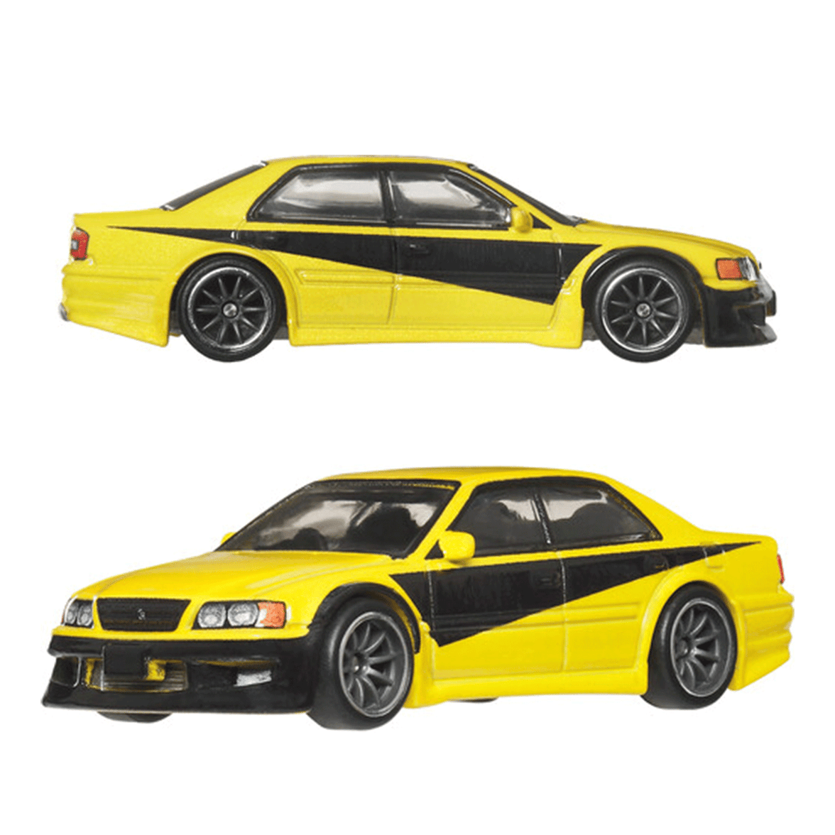 Mattel Hot Wheels Premium Fast and Furious Toyota Chaser JZX 100 diecast car in yellow and black side and front views