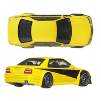 Mattel Hot Wheels Fast and Furious Toyota Chaser JZX 100 diecast car in yellow with black racing stripe side and top views