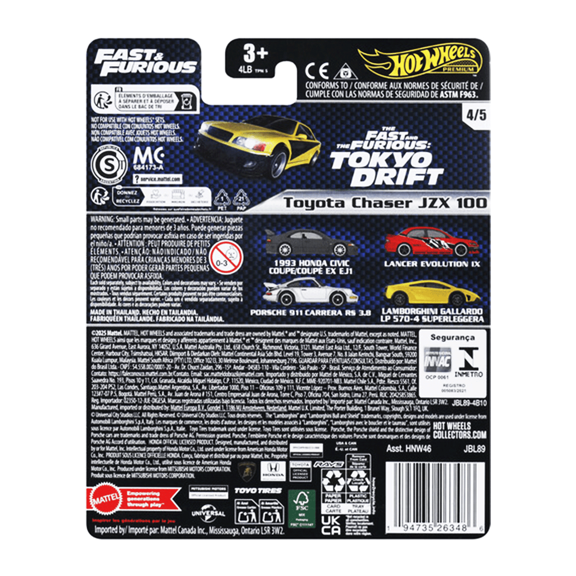 Mattel Hot Wheels Fast and Furious Toyota Chaser JZX 100 diecast car packaging back view with model info