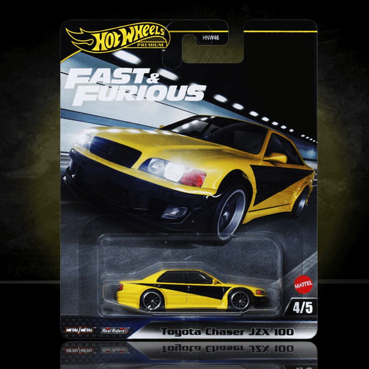 Mattel Hot Wheels Premium Fast and Furious Toyota Chaser JZX 100 diecast car in yellow and black packaging front view