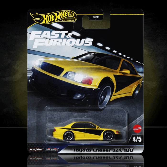 Mattel Hot Wheels Premium Fast and Furious Toyota Chaser JZX 100 diecast car in yellow and black packaging front view