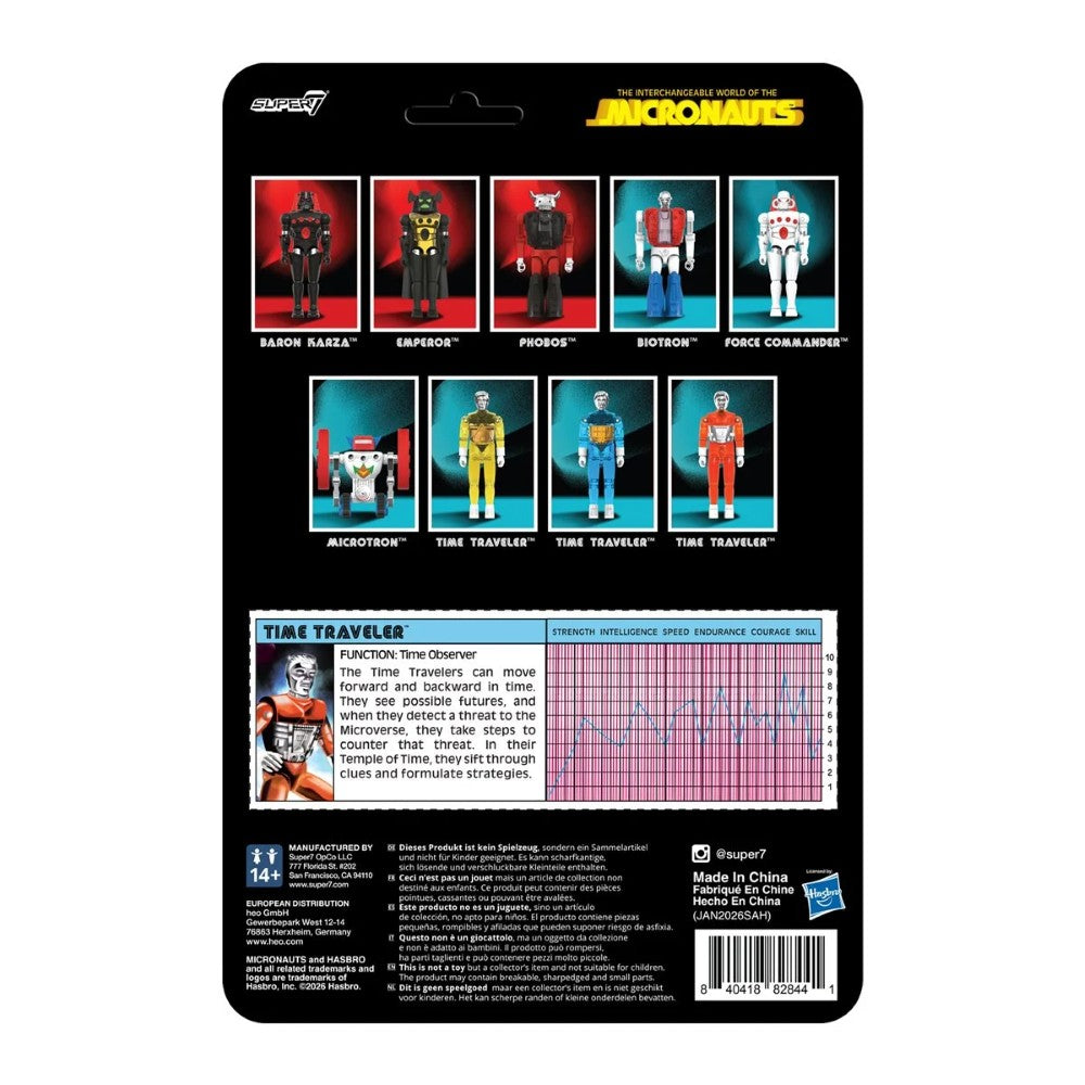 Time Traveler Micronauts Translucent ORANGE Super7 ReAction+ Action Figure shown on card back with character roster and stats by Super7 collectible