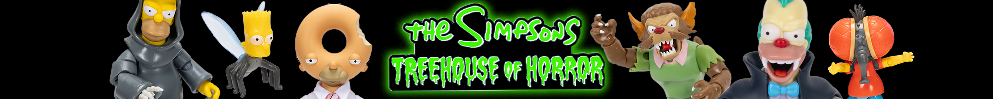 The Simpsons Treehouse of Horror characters and Halloween themed figures on a black background