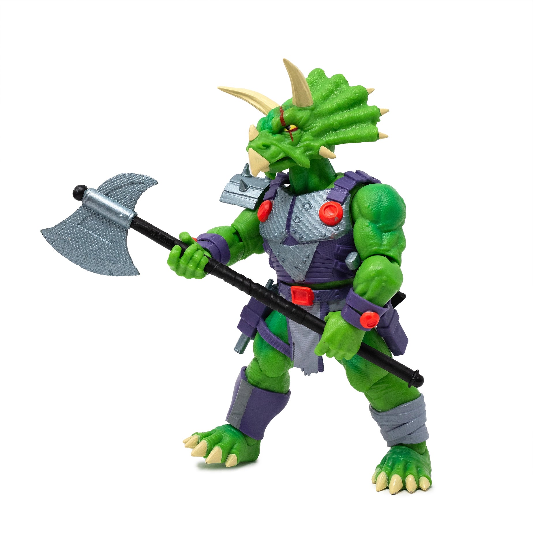 Articulated Triax Skiver dinosaur figure holding a large halberd axe and a blaster pistol. This 6-inch scale Triceratops soldier includes a full arsenal: dual revolvers, a combat knife, and smoke grenades for dynamic battle displays.